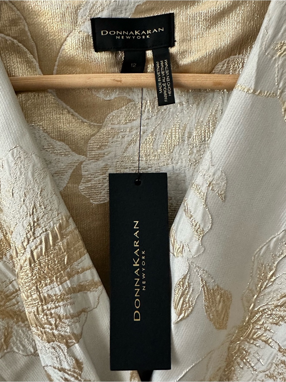 NWT Donna Karan Ivory Gold Floral Jacquard Wrap Midi Dress - Size 12 - Picture 2 of 12